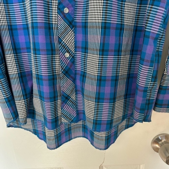 Vtg Western Shirt Wrangler 16.5x34 Cowboy Cut Pearl Snap Blue Plaid XLong Tails - Picture 5 of 9